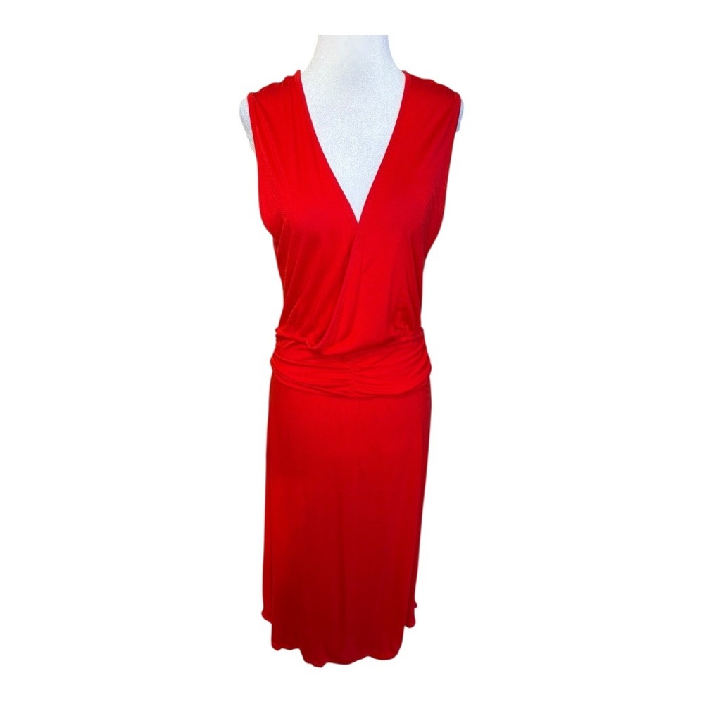 Loveappella Red V Neck Sleeveless Ruched‎ Waist Midi Dress Size Small